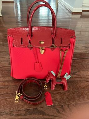 Hermes Birkin style red handbag with accessories